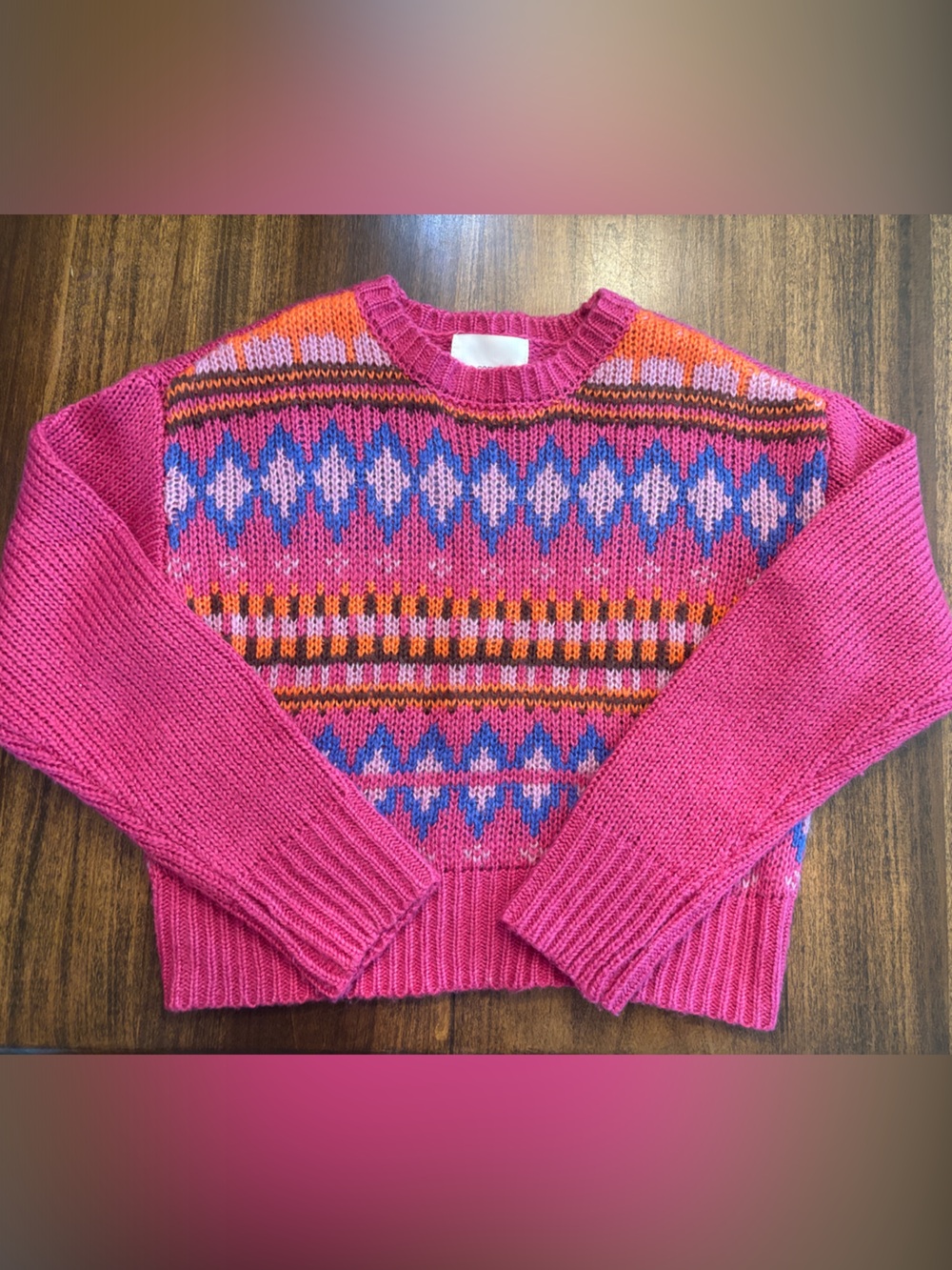 Pink Patterned Crewneck girls Sweater size medium 10/12